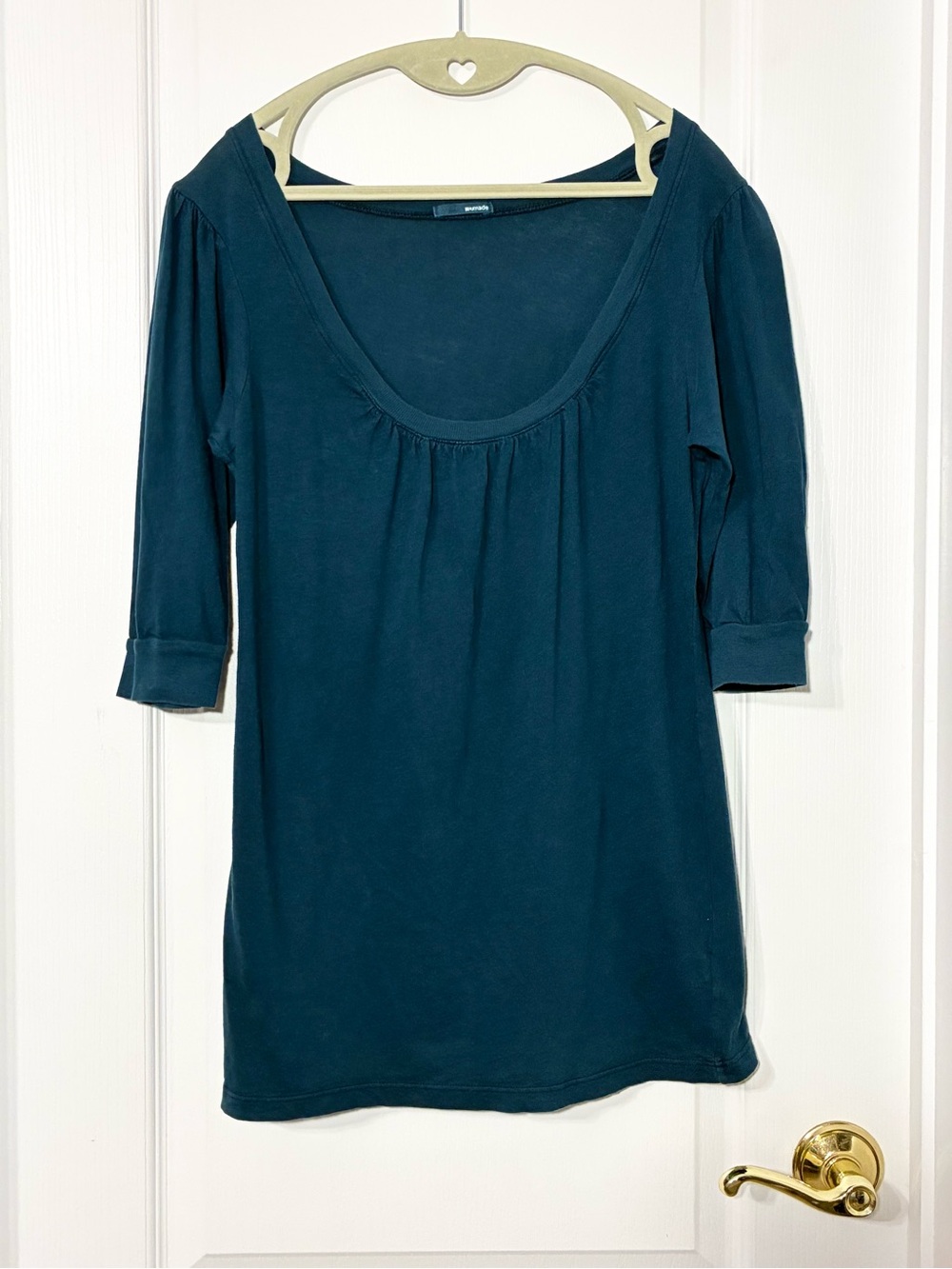 Y2K LAmade USA Made Scoop Neck Elbow Length Sleeve Fitted Knit Top Teal Sz Large